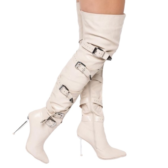 Dolls Kill Bone Vegan Leather Tall Slouchy Knee High Stiletto Heel Boots - Picture 2 of 4